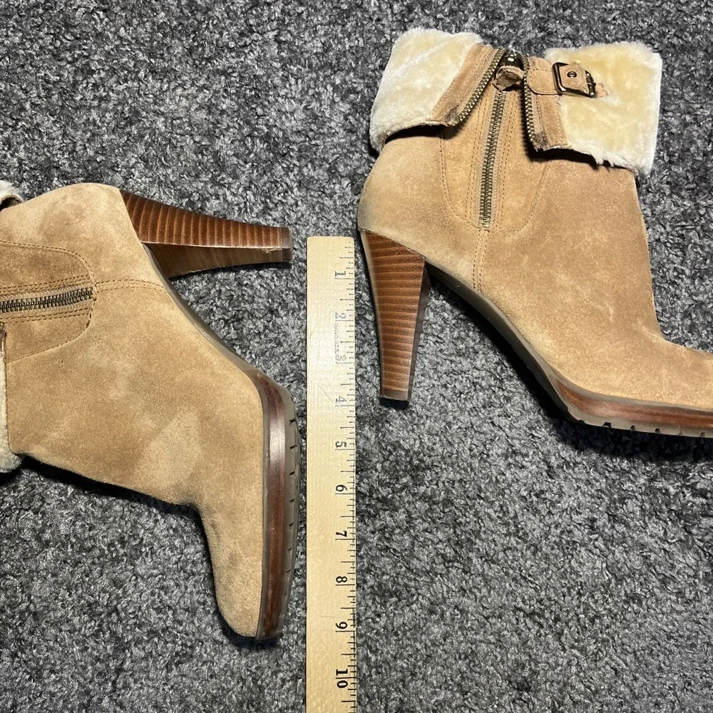 Annie Klein Tan 9.5 Leather Rolled Top Faux Fur Heel‎ Bootie Side Zip